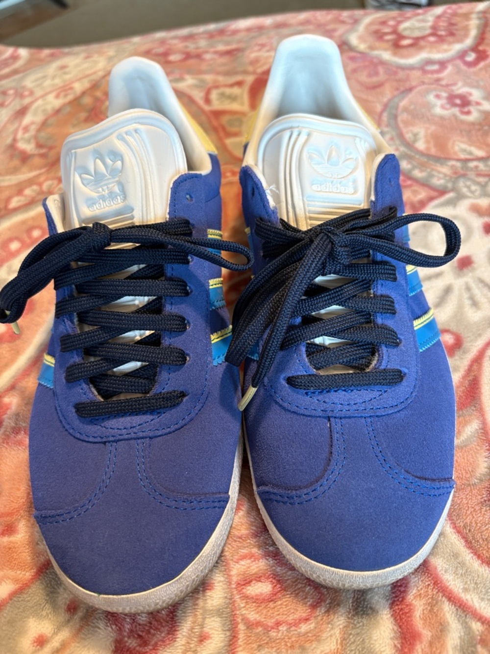 adidas Blue Suede Sneakers with Yellow & Light Blue Stripes